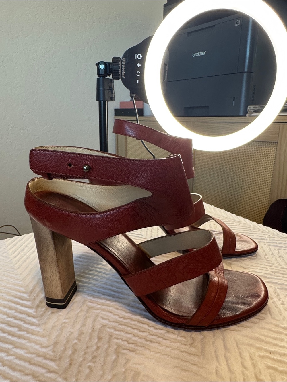 CNC Costume National Burgundy Strappy Block Heel Sandal with Metallic Heel